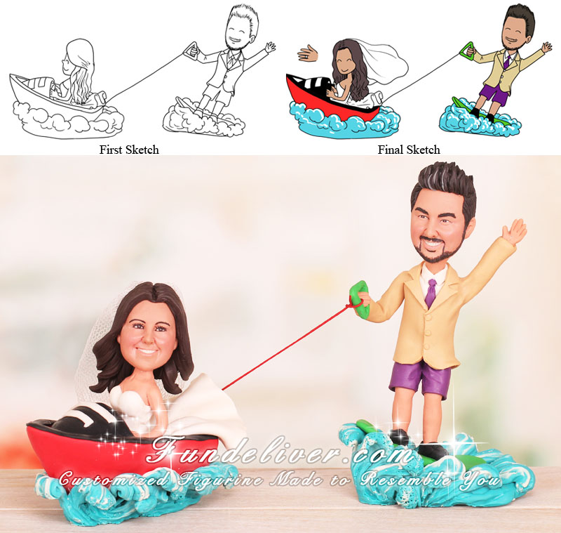 Bride Driving Speed Boat Groom on Wakeboard Wakeboarding Cake Toppers